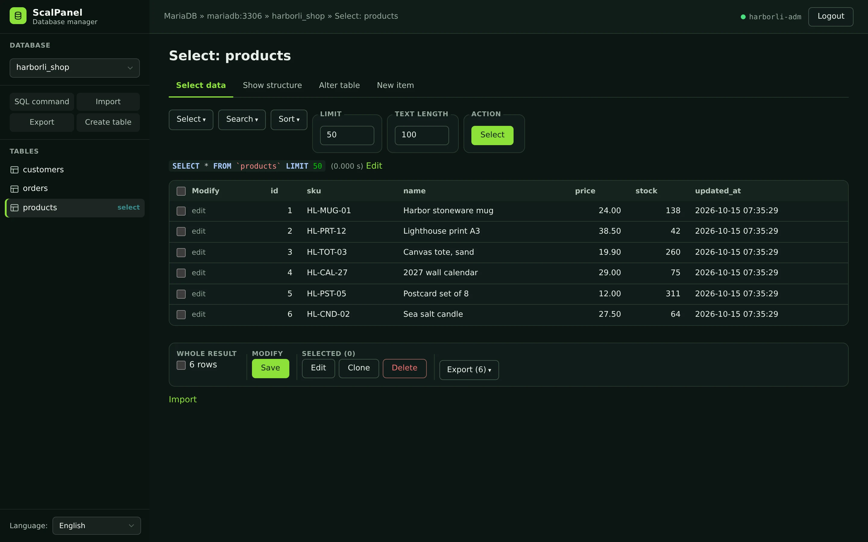 The database manager showing the products table of a shop database.