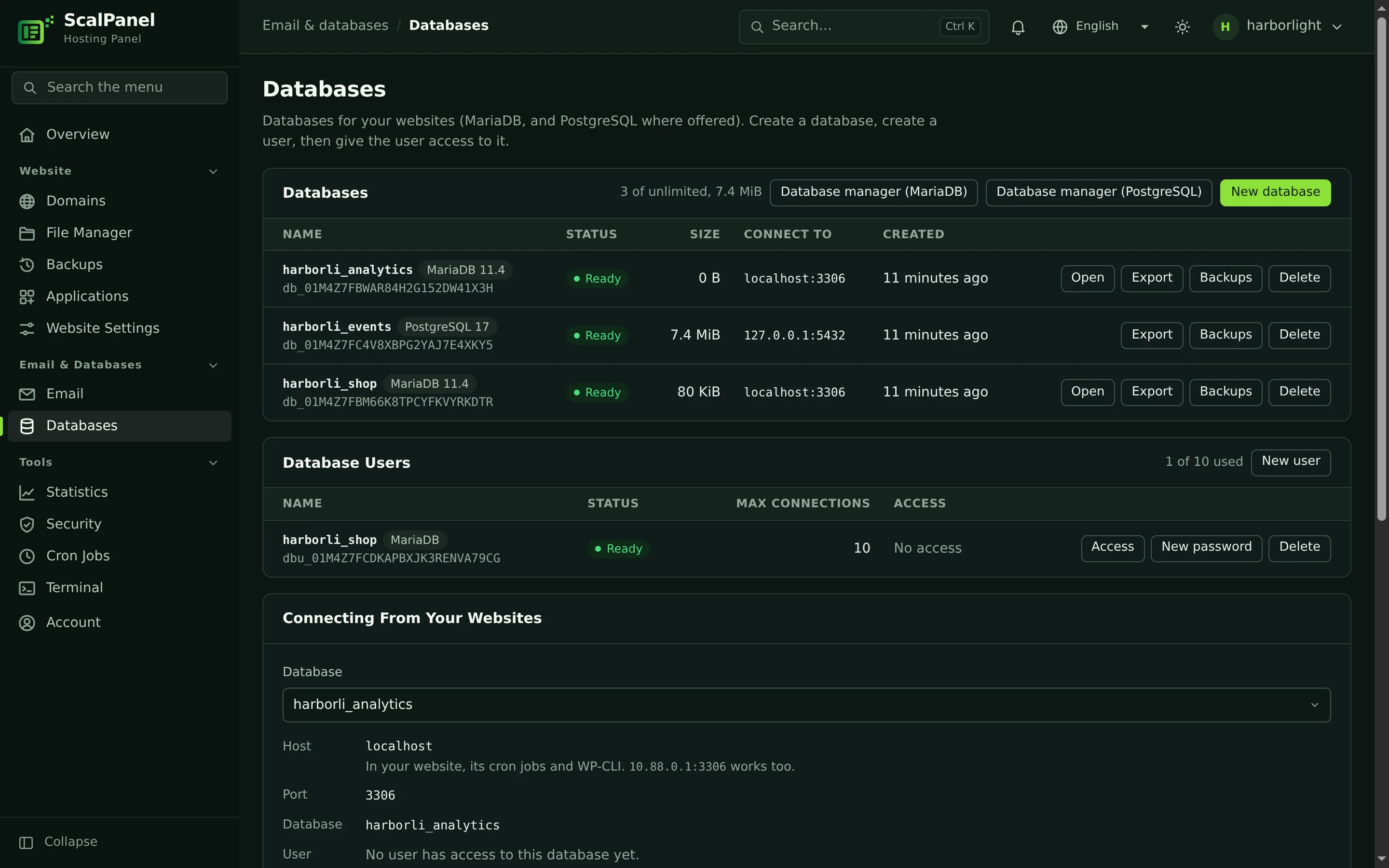The Databases page with MariaDB and PostgreSQL databases and the database manager buttons.