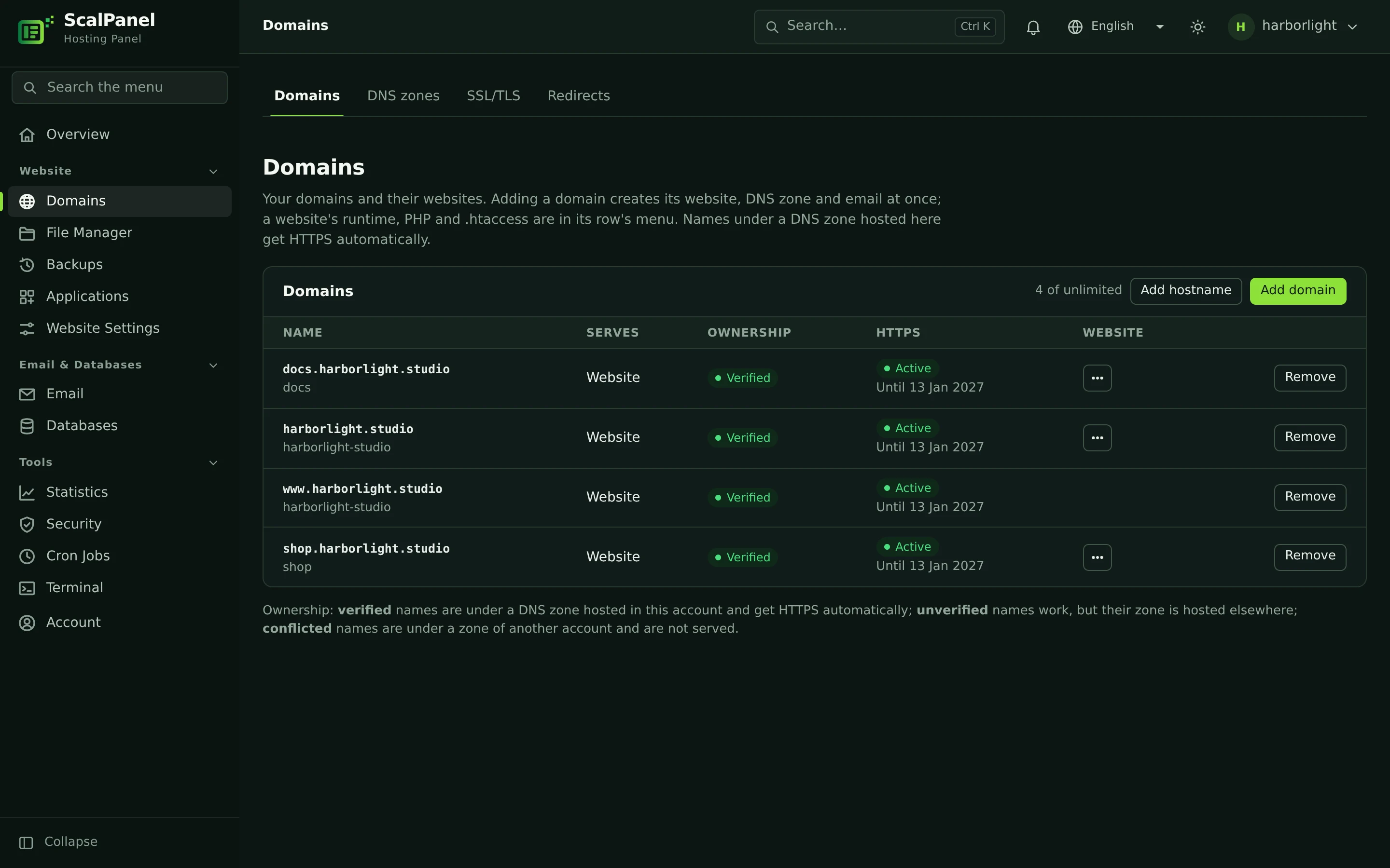 The Domains page: harborlight.studio and its subdomains with their websites and certificates.