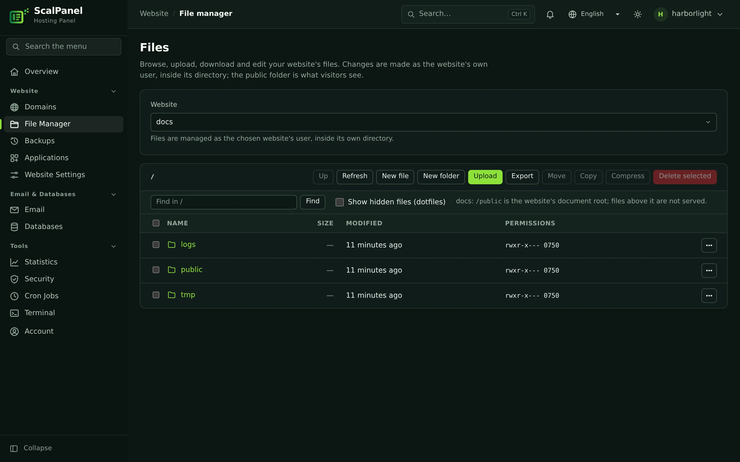 The file manager showing a website's folders.