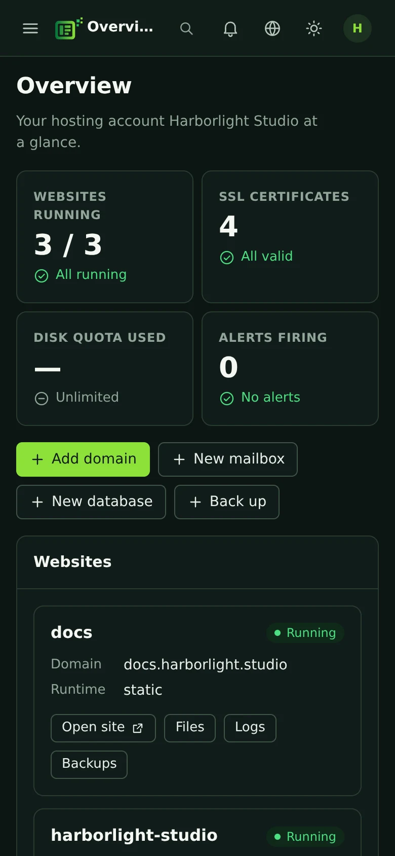 The hosting panel on a phone.