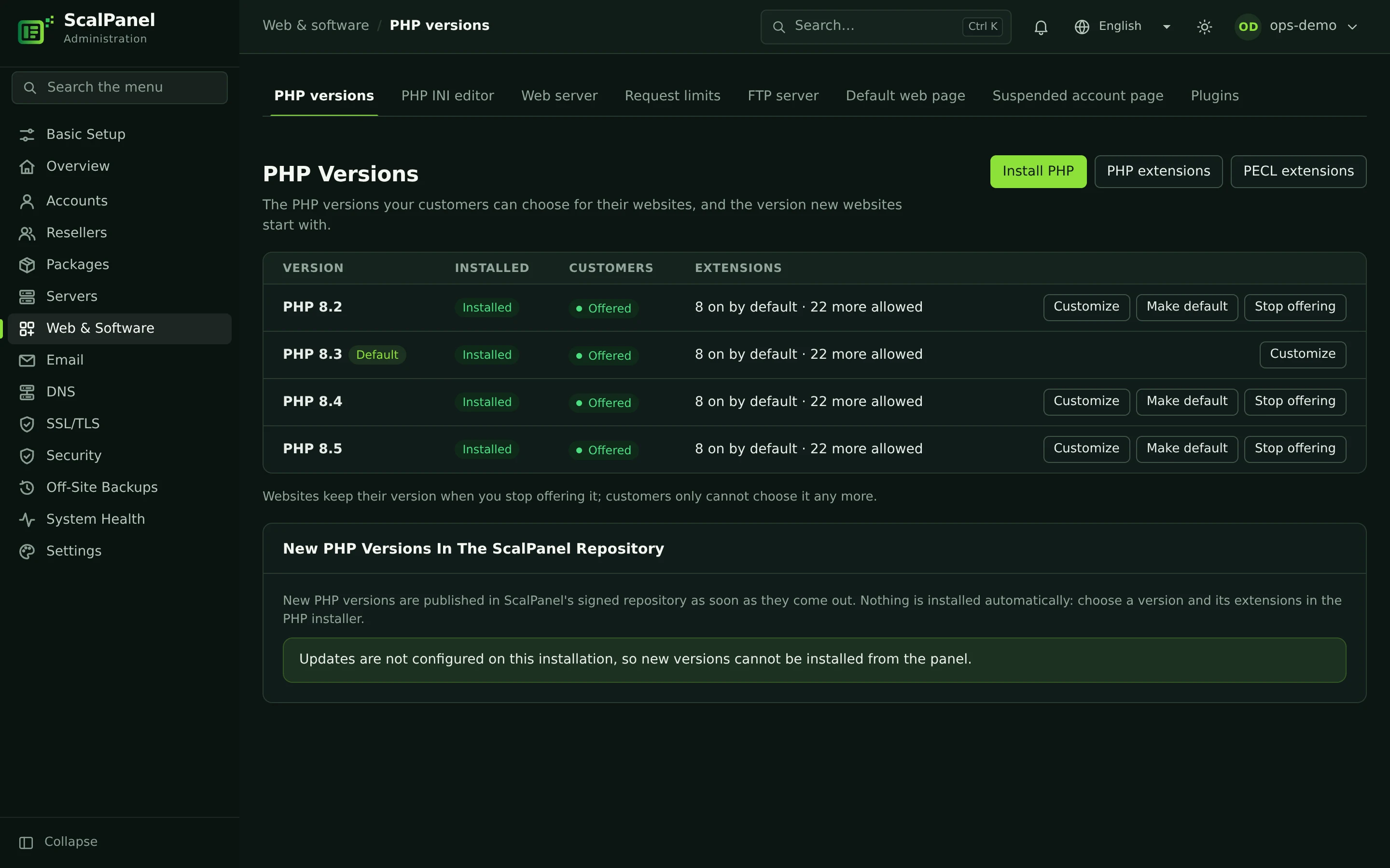The PHP versions page with versions 8.1 to 8.5 and their extensions.