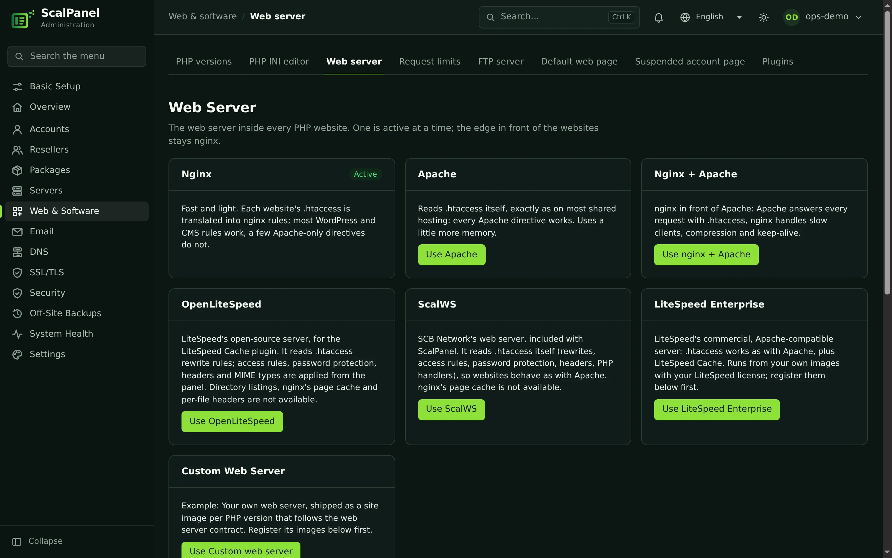 The web server page in the administration panel with the six web servers to choose from.